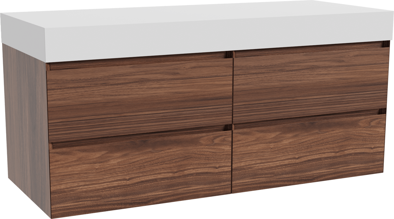 Balmani Mitra hängendes Möbelstück Set: 135 x 55 cm, Nussbaum, mit Dominus Einzel- oder Doppel Waschtischplatte, Solid Surface Weiß matt