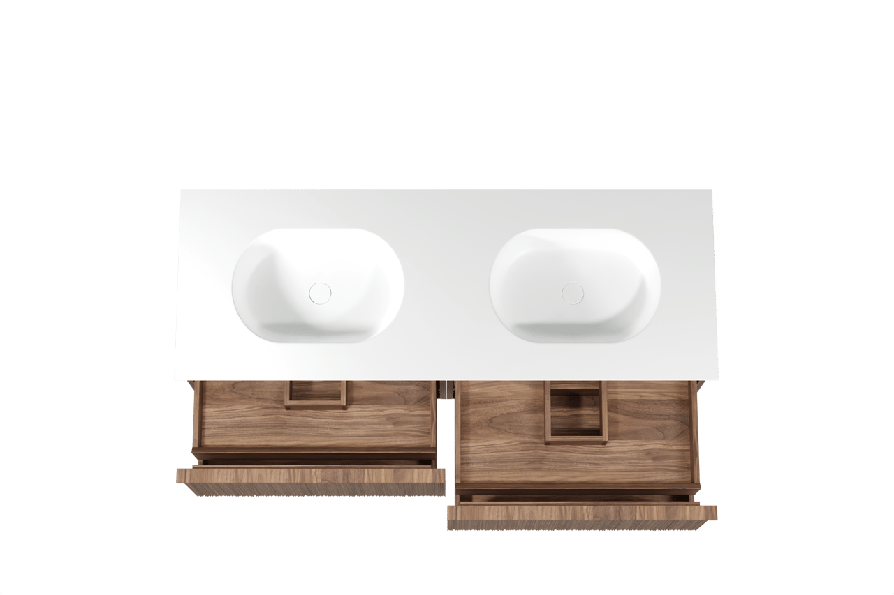 Balmani Forma zwevend badmeubel 150 x 55 cm amerikaans notenhout met Tablo Oval dubbele wastafel in solid surface mat wit, Verticale asymmetrische ronde ribbel