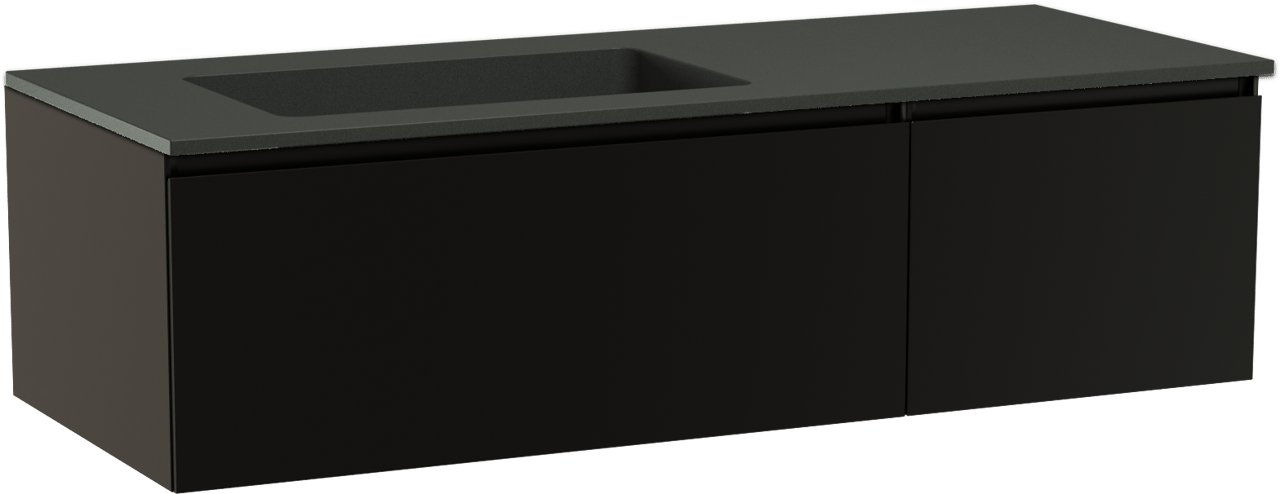 Storke Edge zwevend badmeubel 130 x 52 cm mat zwart met Scuro asymmetrisch linkse wastafel in kwarts mat zwart