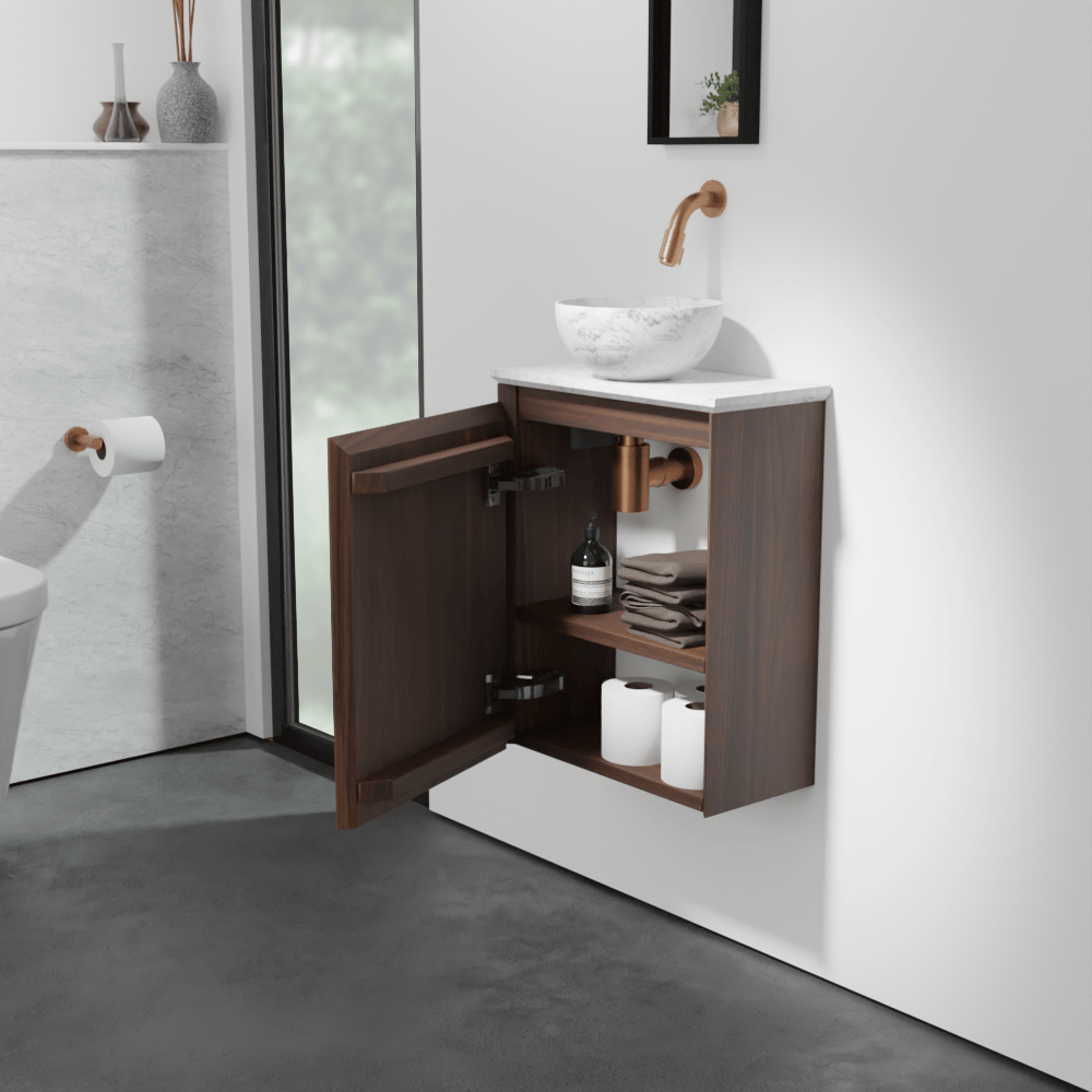 Balmani Mitra zwevend toiletmeubel 42 x 21 cm amerikaanse notelaar met Facetta tablet en Bari XS waskom in Carrara marmer