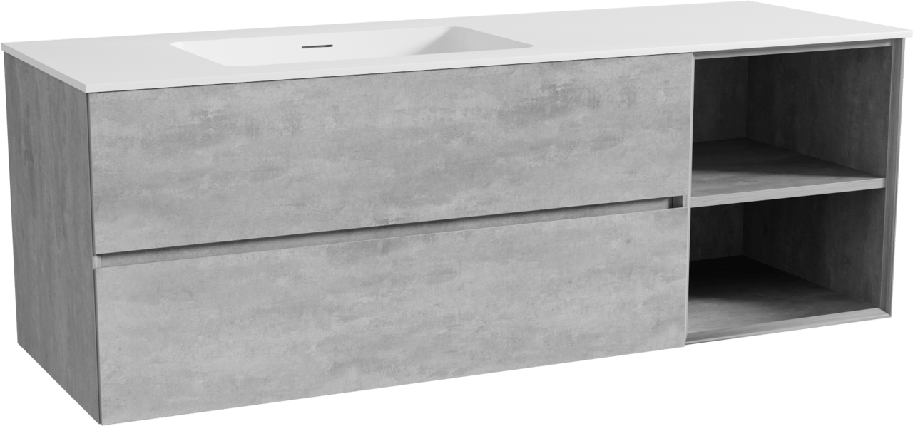 Storke Edge zwevend badkamermeubel 150 x 52 cm beton donkergrijs met Mata asymmetrisch linkse wastafel in solid surface mat wit