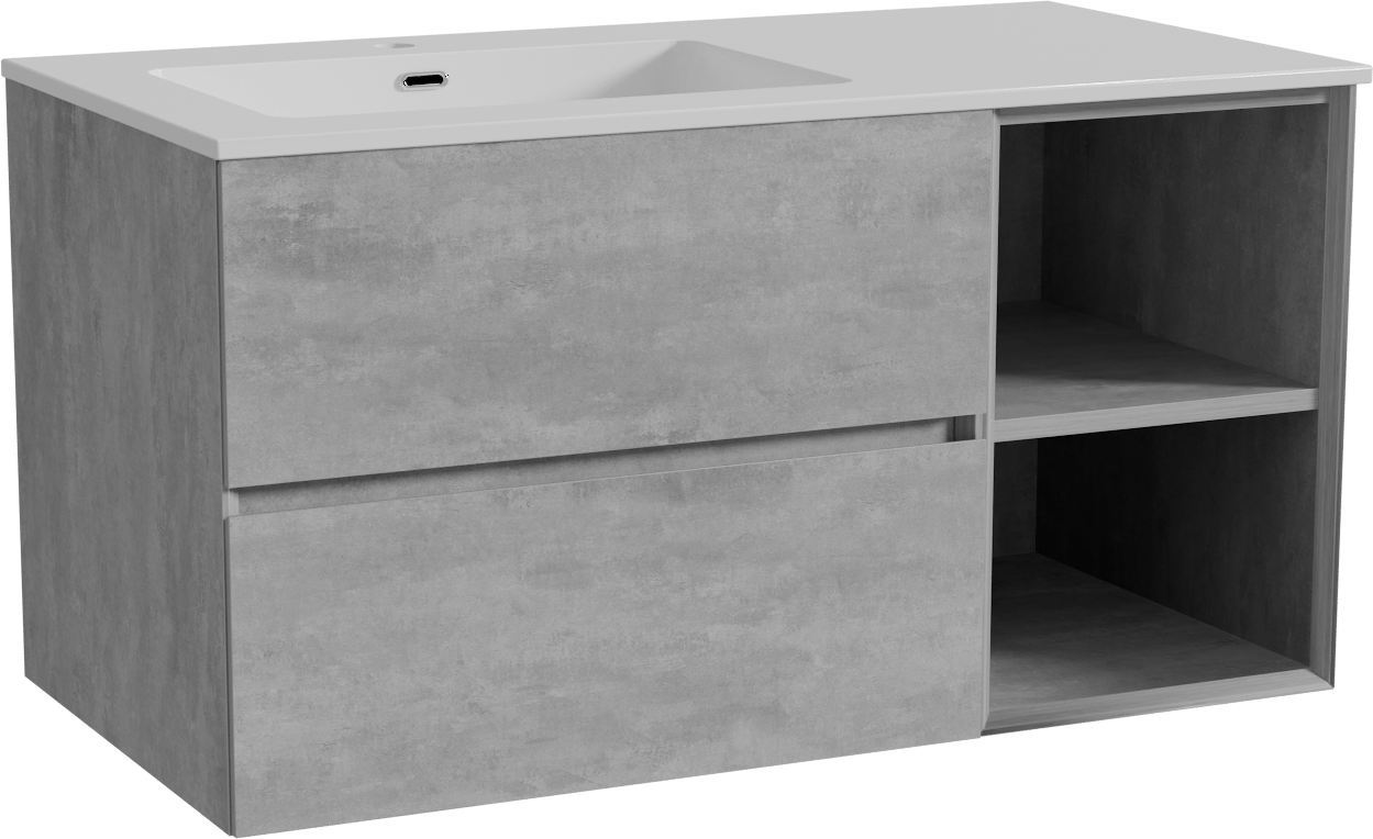 Storke Edge zwevend badmeubel 100 x 52 cm beton donkergrijs met Diva asymmetrisch linkse wastafel in composietmarmer hoogglans wit