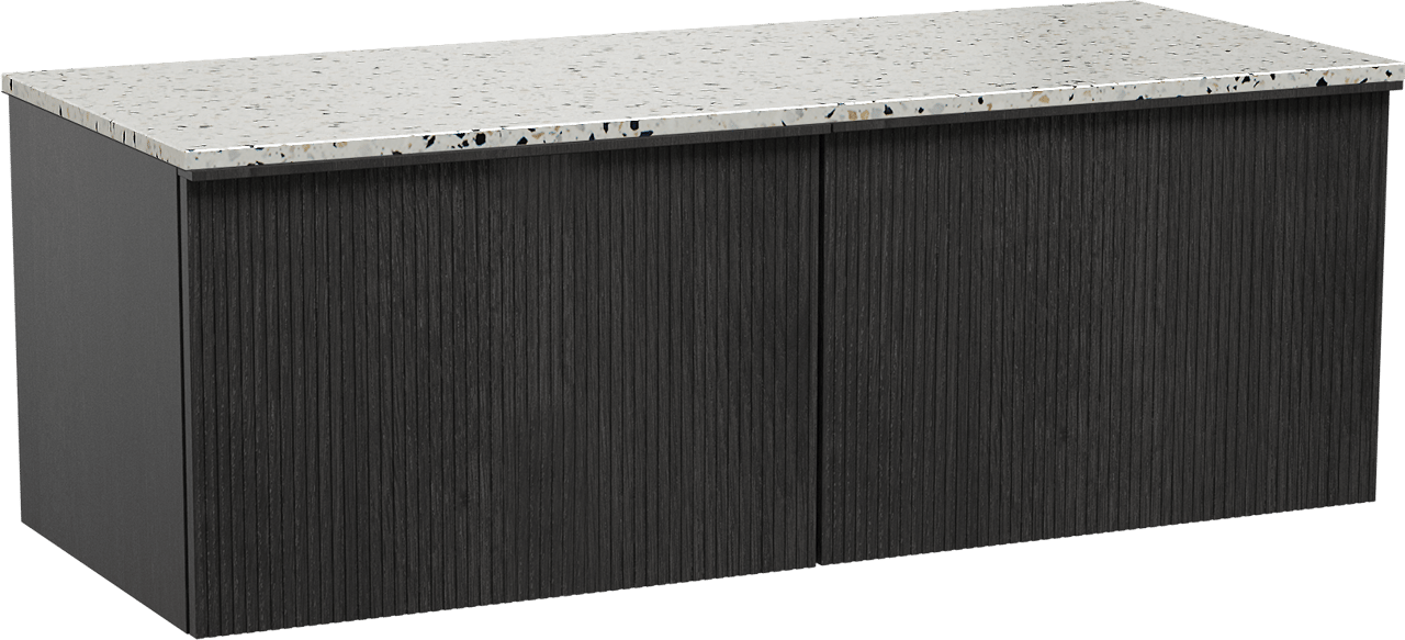 Balmani Forma meuble salle de bains suspendu 135 x 55 cm chêne noir avec Stretto tablette simple ou double en blanc/noir mat terrazzo, Nervure droite symétrique verticale