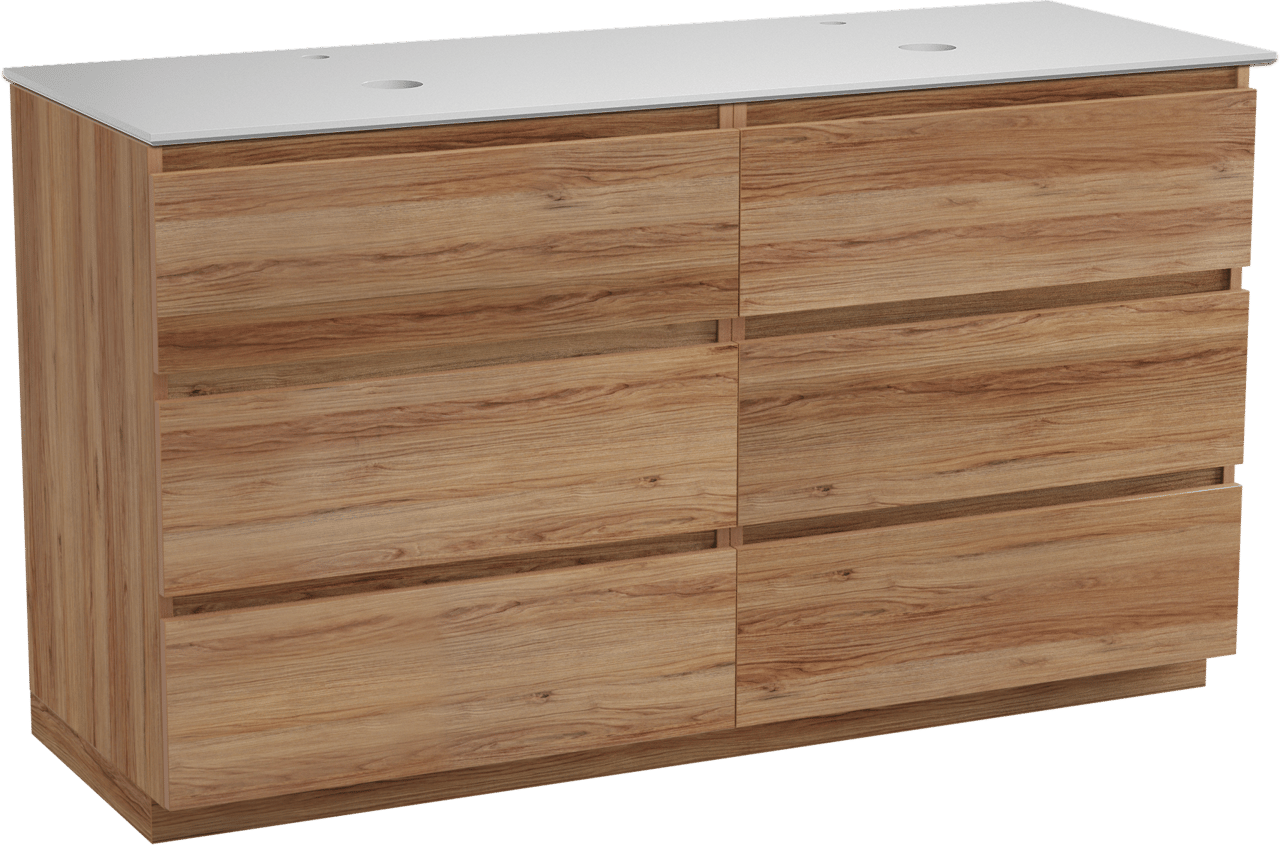 Balmani Lucida meuble salle de bains à poser 150 x 55 cm teck avec Facetta tablette double en solid surface blanc mat