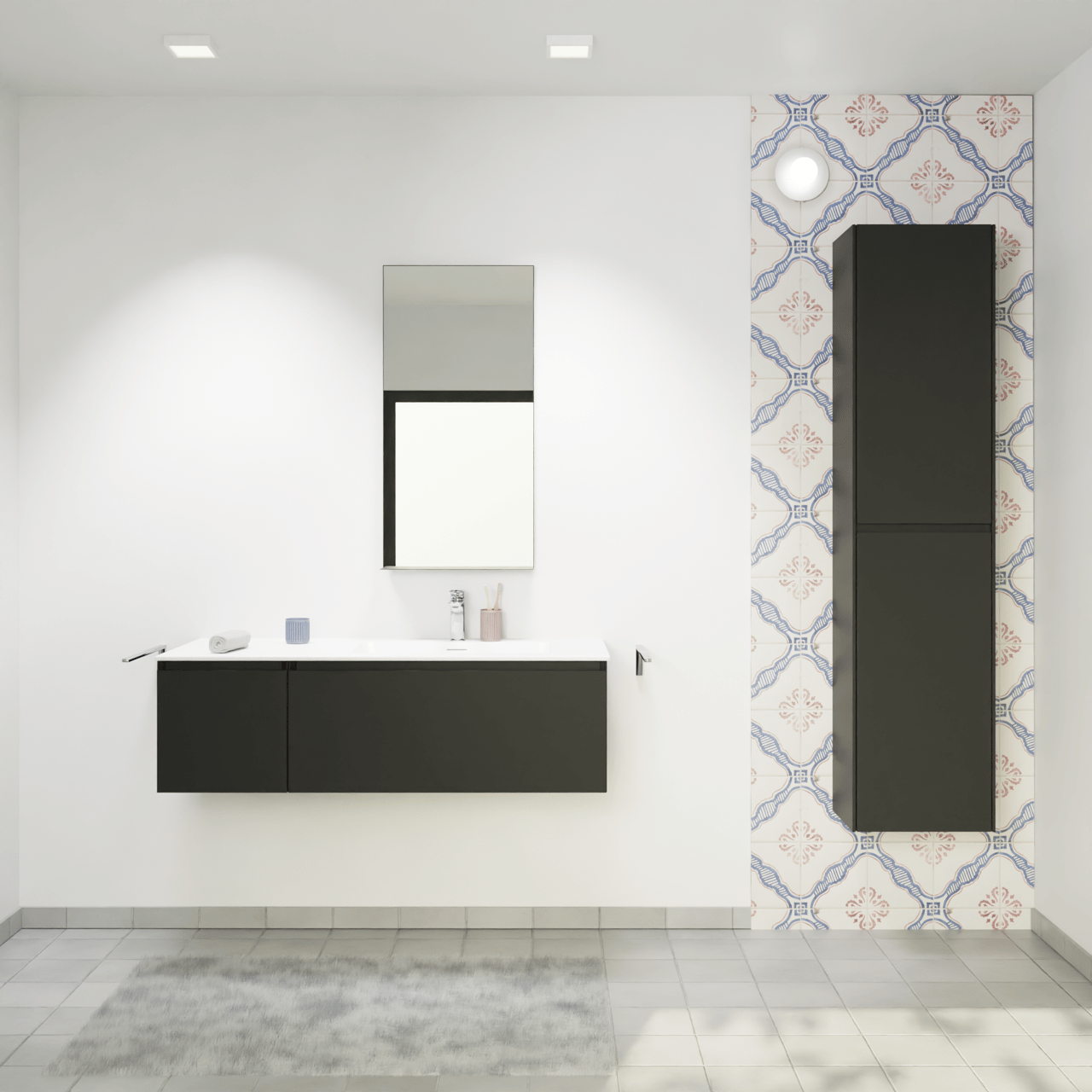 Storke Edge meuble salle de bains suspendu 120 x 52 cm noir mat avec Mata plan vasque asymétrique à droite en solid surface blanc mat