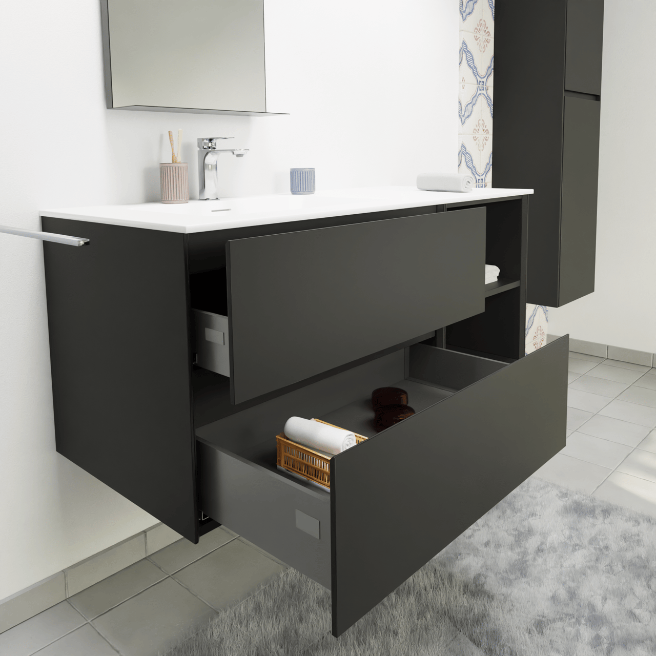 Storke Edge zwevend badkamermeubel 120 x 52 cm mat zwart met Mata asymmetrisch linkse wastafel in solid surface mat wit