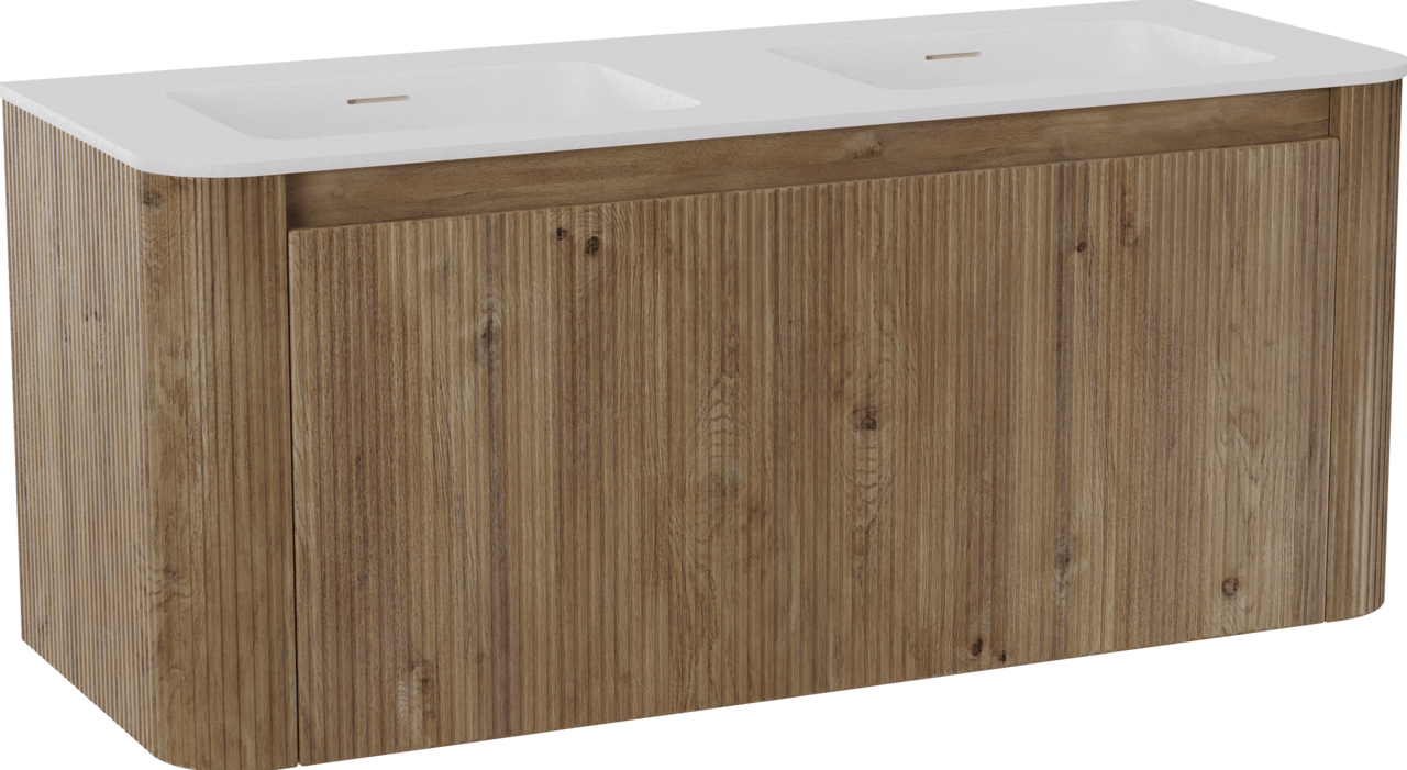 Storke Soft zwevend badkamermeubel 120 x 46 cm ruwe eik met Mata Soft dubbele wastafel in solid surface mat wit, Verticale symmetrische rechte ribbel