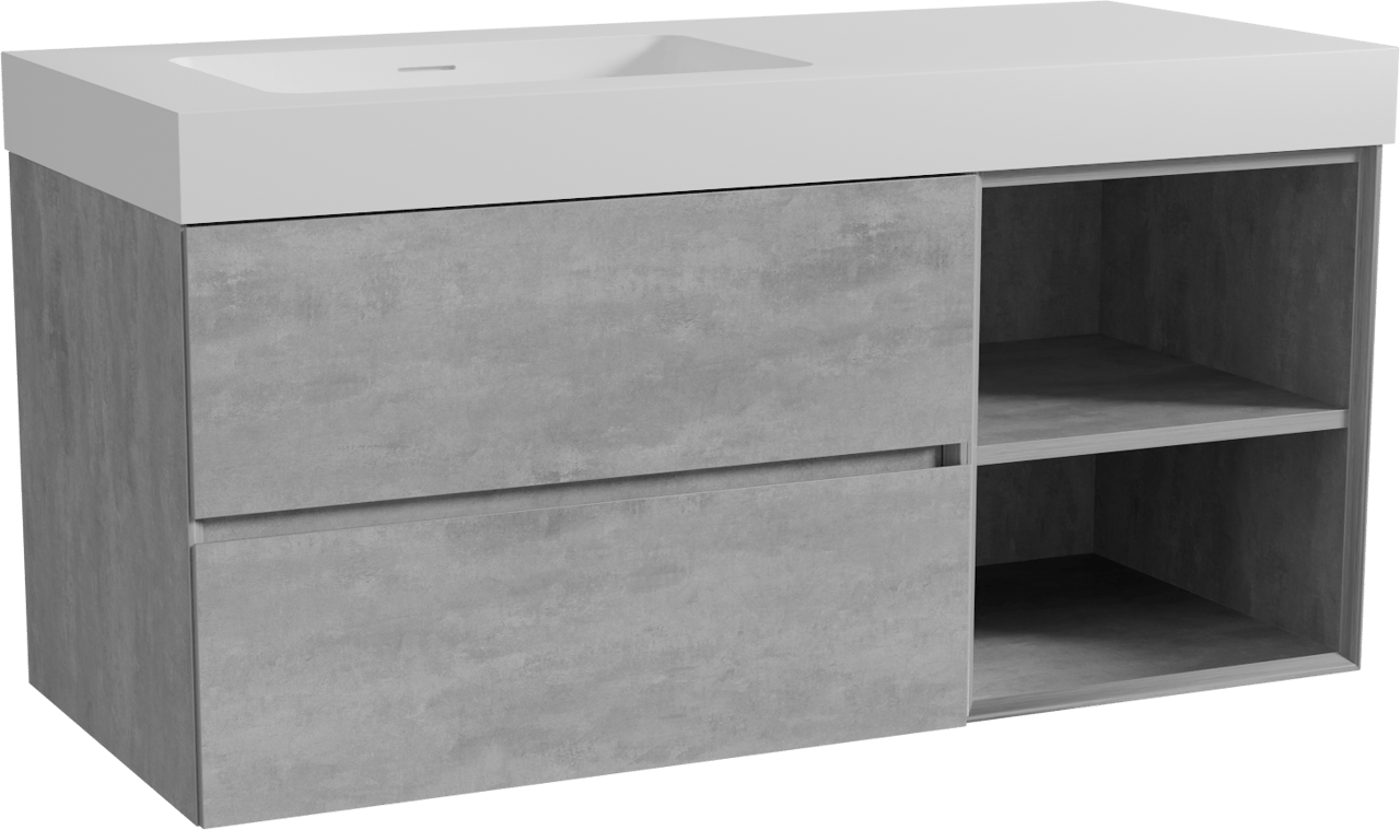 Storke Edge zwevend badmeubel 120 x 52 cm beton donkergrijs met Mata High asymmetrisch linkse wastafel in solid surface mat wit