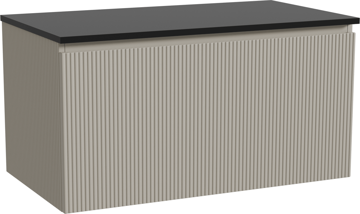 Storke Ribs zwevend badmeubel 95 x 52 cm zijdegrijs met Panton enkel wastafelblad in gepoedercoate mdf mat zwart, Verticale symmetrische rechte ribbel