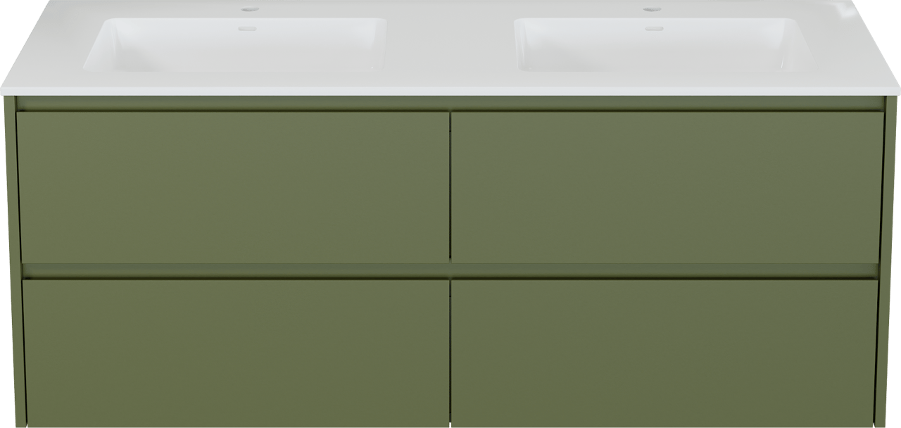 Storke Seda zwevend badkamermeubel 150 x 52 cm olijfgroen met Bilia dubbele wastafel in composietmarmer glanzend wit