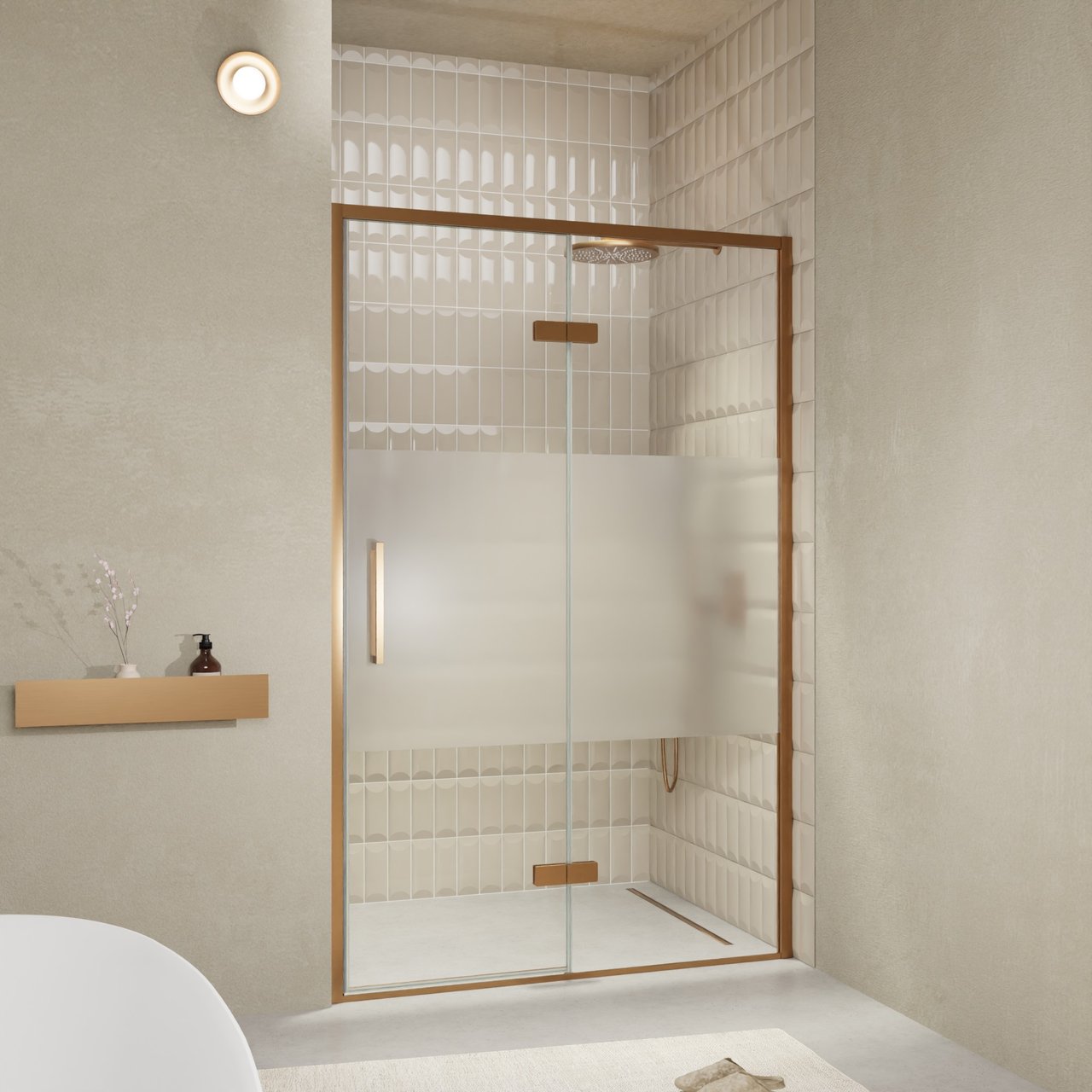 Balmani Senses Design porte pivotante à droite 140 cm x 210 cm verre transparent avec bande matte, Profil Brushed Rosegold