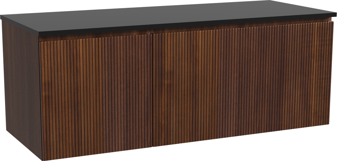 Storke Ribs zwevend badmeubel 130 x 52 cm notenhout met Panton enkel of dubbel wastafelblad in gepoedercoate mdf mat zwart, Verticale symmetrische rechte ribbel