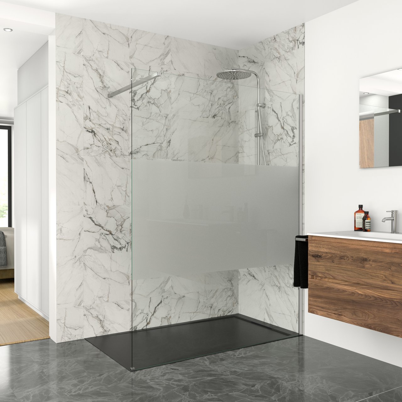 Balmani Modular Walk-In-Dusche 80 x 200 cm, Klarglas mit mattiertem Streifen, Profil chrom glänzend