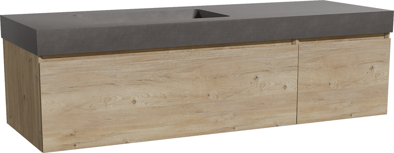 Storke Edge zwevend badkamermeubel 150 x 52 cm ruwe eik met Scuro High asymmetrisch linkse wastafel in kwarts mat zwart