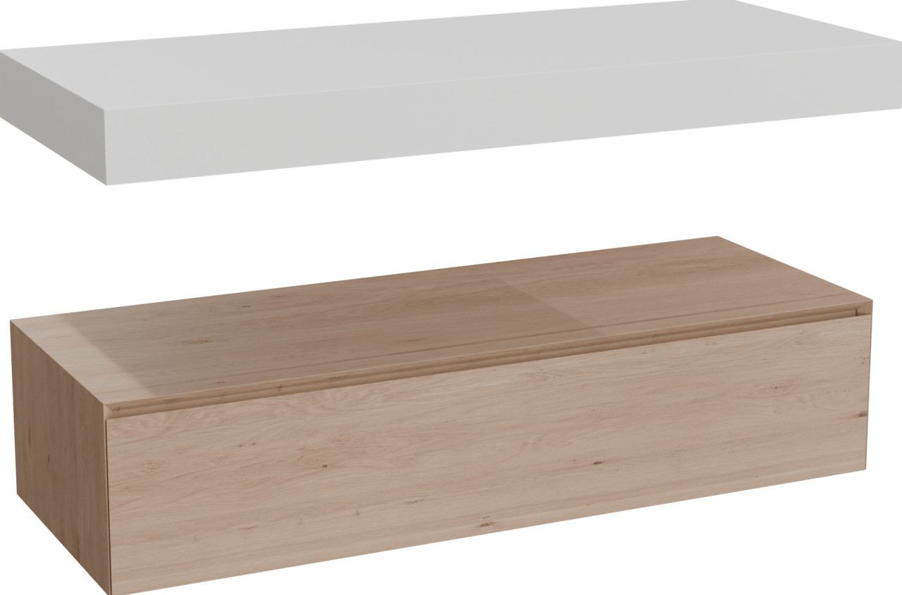 Balmani Mitra Elements hängendes Möbelstück Set: 135 x 55 cm, Naturbelassene Eiche mit Dominus Einzel- oder Doppel Waschtischplatte, Solid Surface Weiß matt