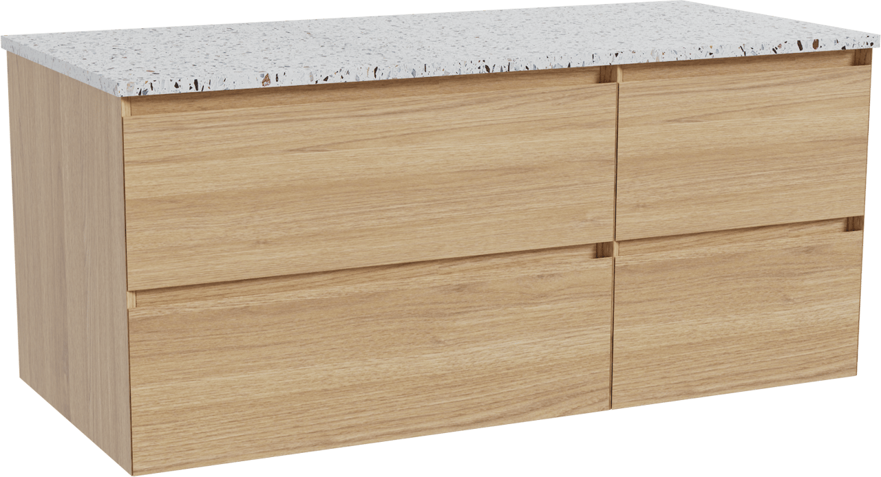 Balmani Mitra meuble salle de bains suspendu 120 x 55 cm chêne naturel avec Stretto tablette simple ou double en blanc/noir mat terrazzo