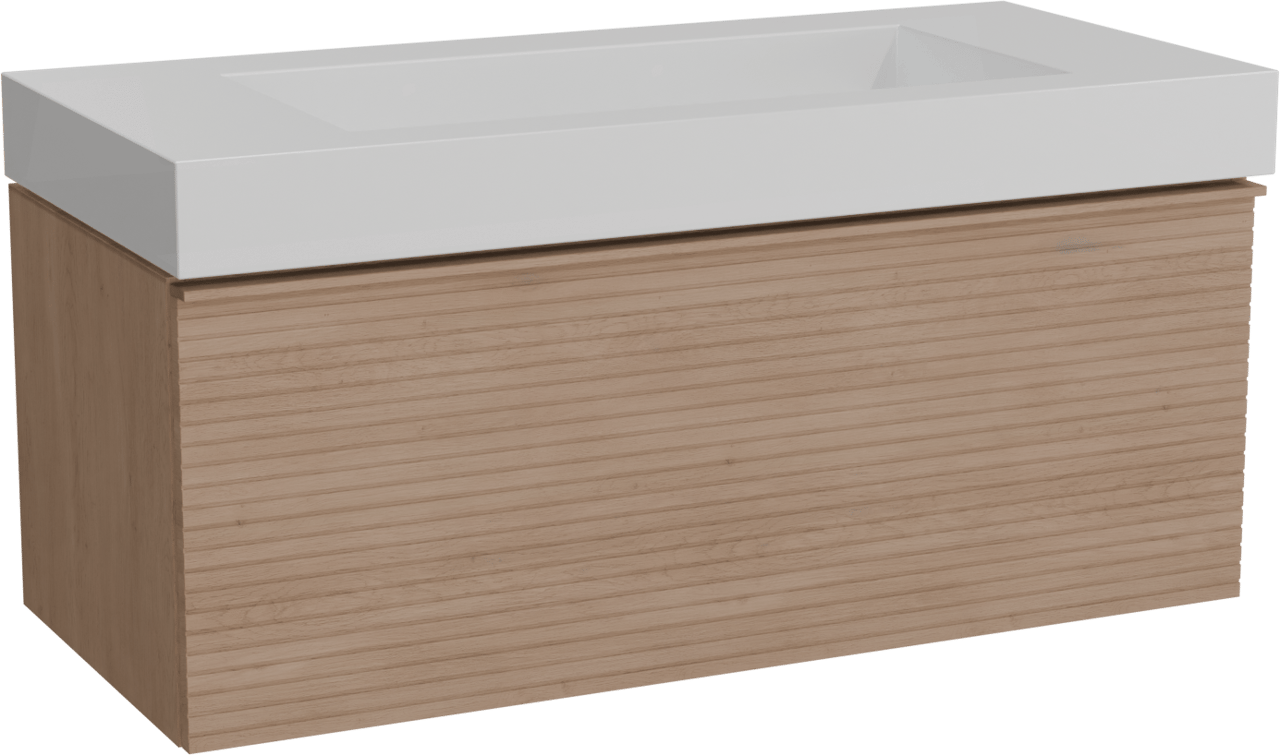 Balmani Forma meuble salle de bains suspendu 120 x 55 cm chêne naturel avec Modus lavabo simple pour 2 trous de robinet en solid surface blanc mat, Nervure droite symétrique horizontale