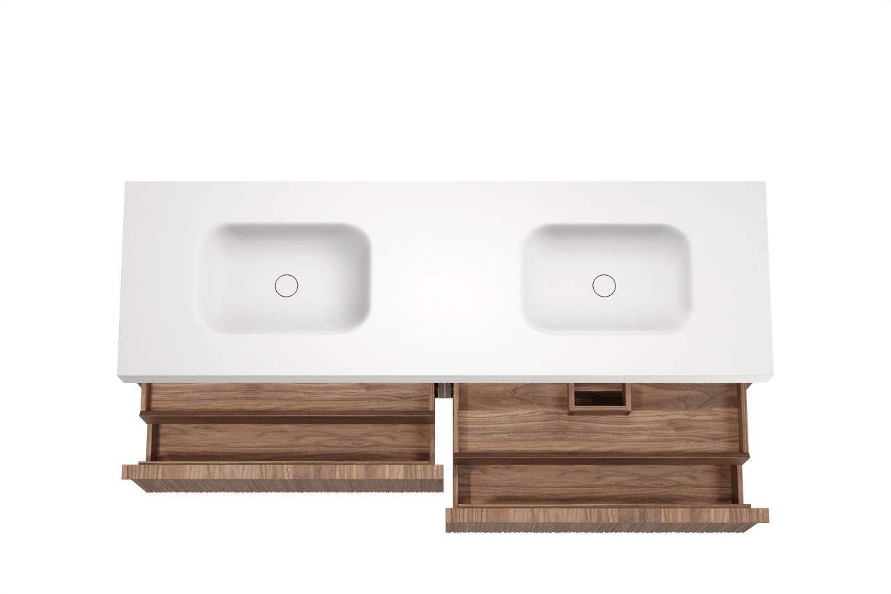 Balmani Forma hängendes Möbelstück Set: 180 x 55 cm, Amerikanischer Nussbaum, mit Arcato Doppelwaschtisch, Solid Surface, Weiß matt, Vertikale asymmetrische Runde Rippe