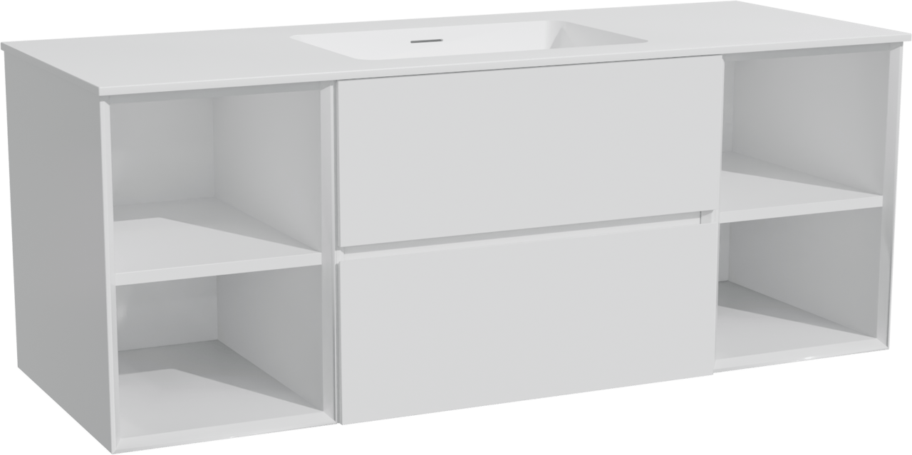 Storke Edge zwevend badkamermeubel 135 x 52 cm glanzend wit met Mata enkele wastafel in solid surface mat wit