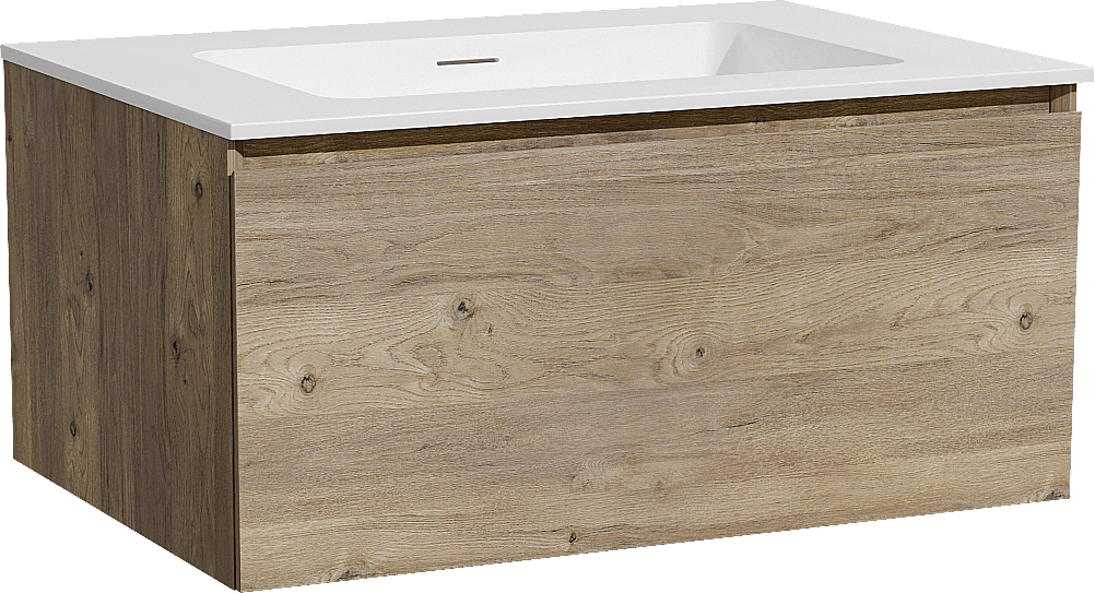 Storke Edge zwevend badkamermeubel 75 x 52 cm ruwe eik met Mata enkele wastafel in solid surface mat wit