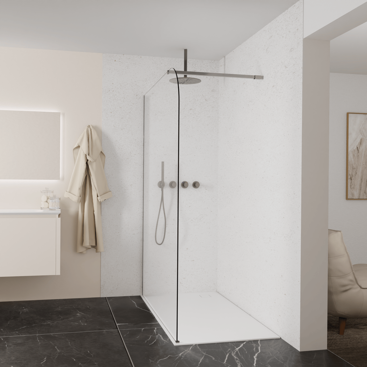 Balmani Modular douche à l'italienne: 160 x 200 cm, Verre transparent arrondi, avec coating, Profil Brushed GunMetal