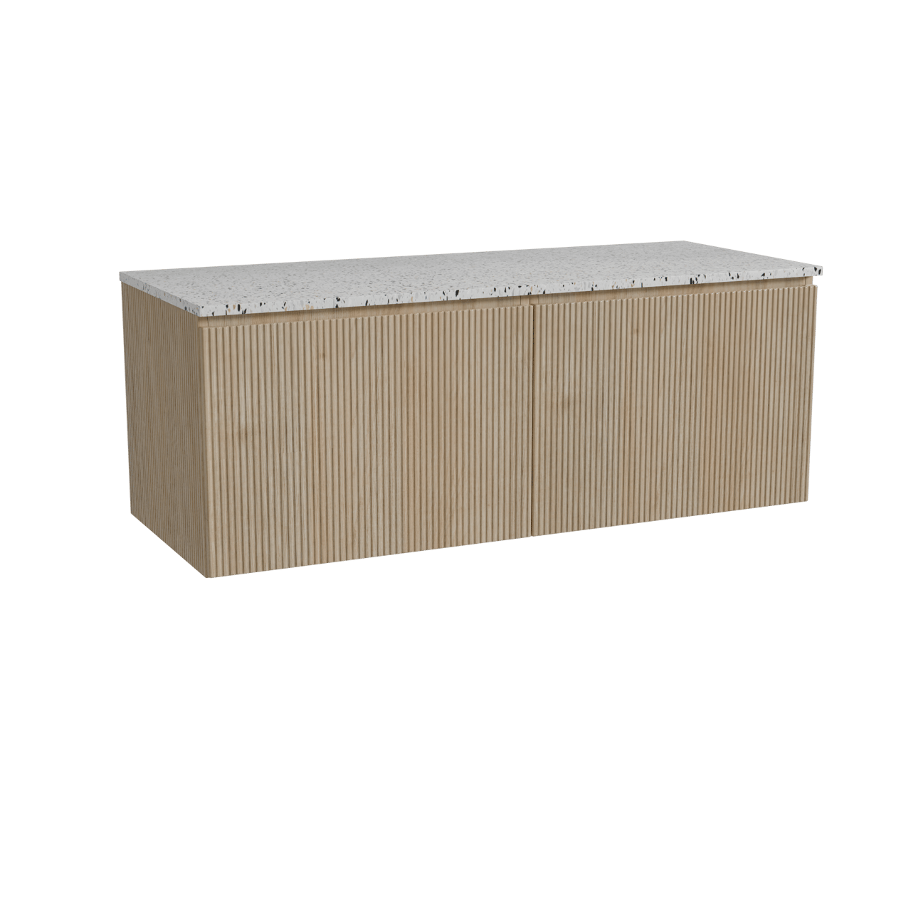Storke Ribs meuble salle de bains suspendu 130 x 52 cm chêne brut avec Tavola tablette simple ou double en blanc/noir mat terrazzo, Nervure droite symétrique verticale