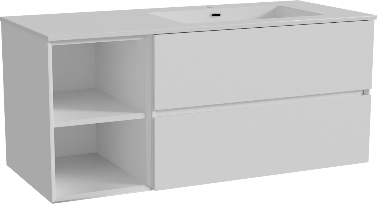 Storke Edge zwevend badkamermeubel 120 x 52 cm mat wit met Diva asymmetrisch rechtse wastafel in composietmarmer glanzend wit