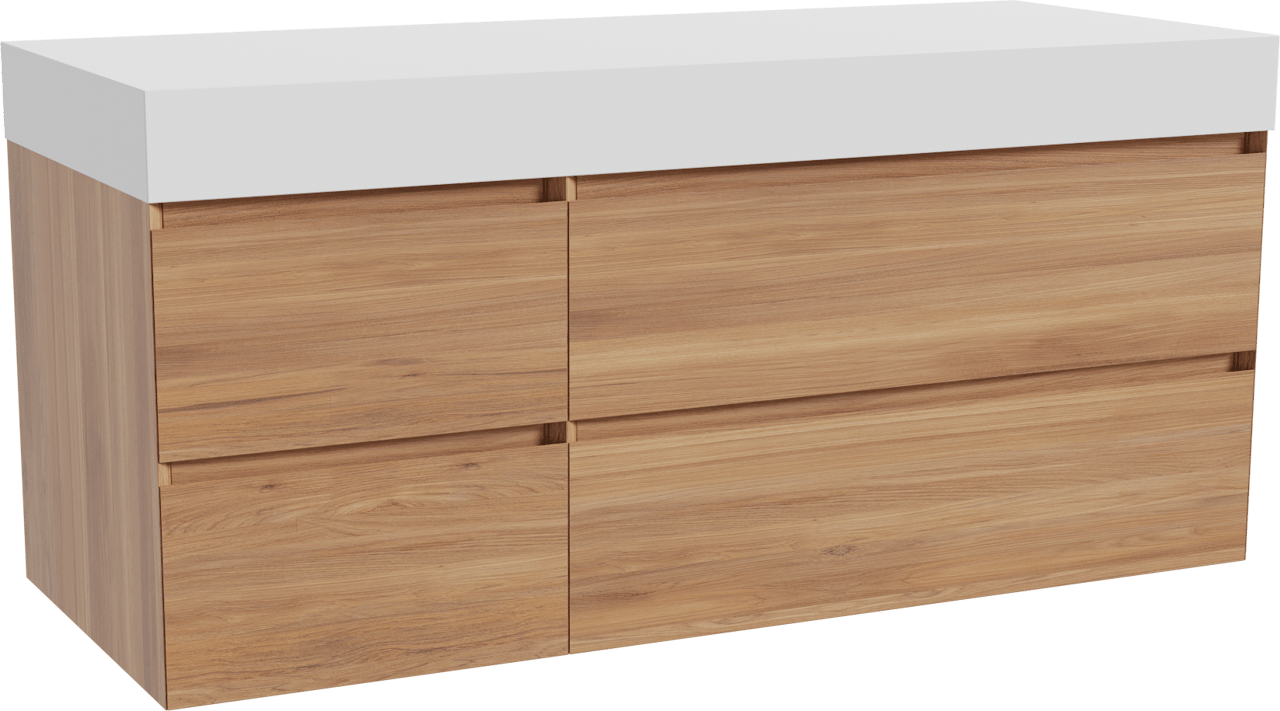 Balmani Mitra meuble salle de bains suspendu 135 x 55 cm teck avec Dominus tablette simple ou double en solid surface blanc mat