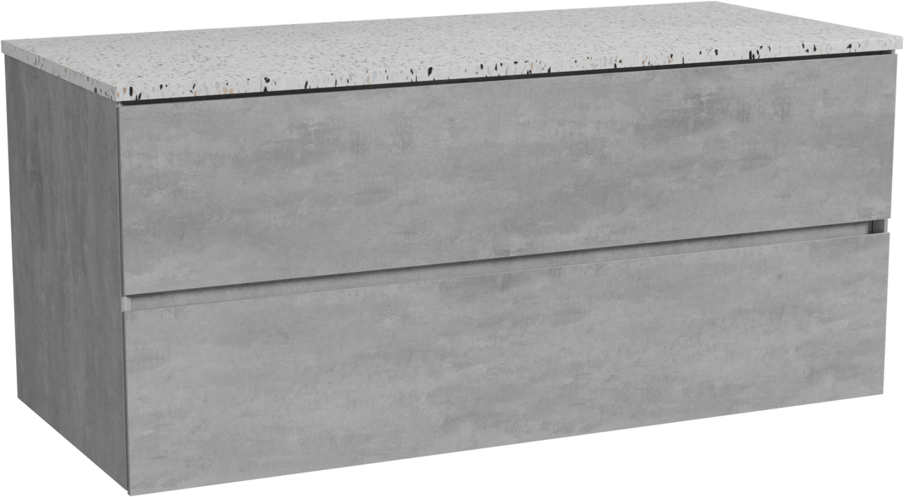 Storke Edge zwevend badmeubel 120 x 52 cm beton donkergrijs met Tavola enkel of dubbel wastafelblad in mat wit/zwart terrazzo