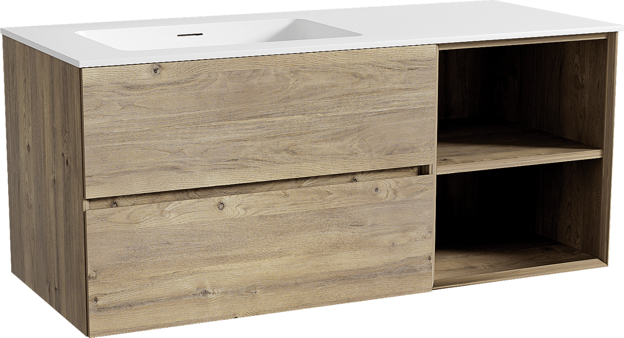 Storke Edge zwevend badkamermeubel 120 x 52 cm ruwe eik met Mata asymmetrisch linkse wastafel in solid surface mat wit