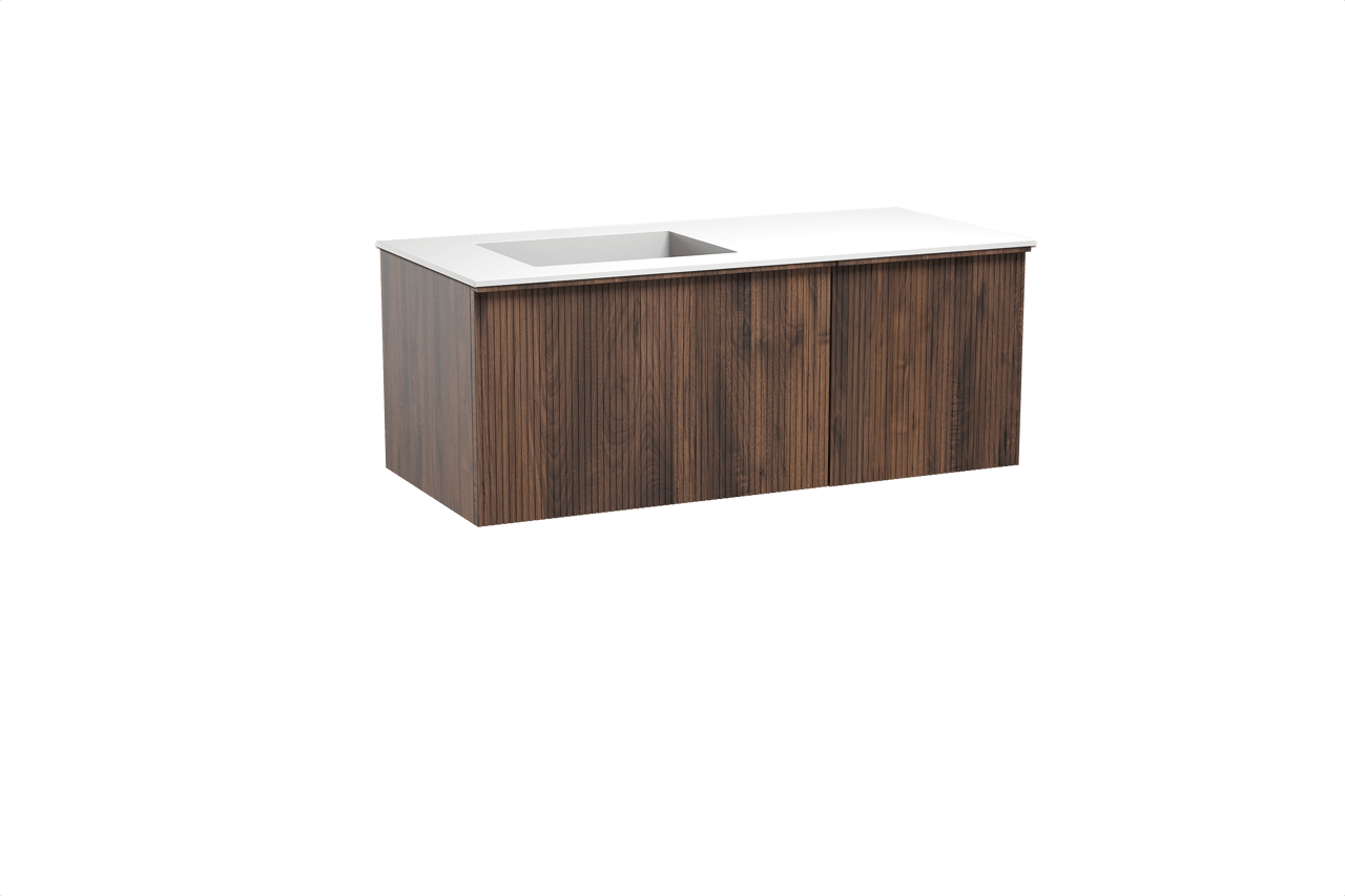 Balmani Forma hängendes Möbelstück Set: 120 x 55 cm, Amerikanischer Nussbaum, mit Tablo Stretto Waschtisch links, Solid Surface, Weiß matt, Vertikale symmetrische gerade Rippe