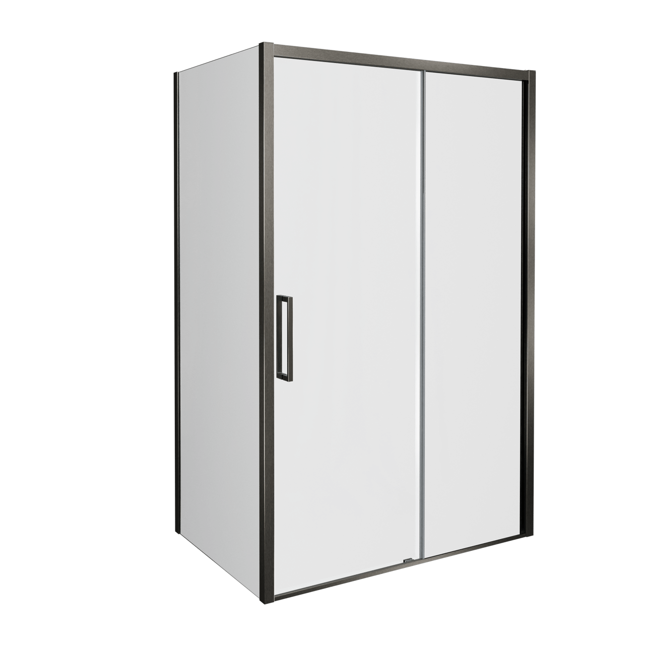 Balmani Senses Design douche d'angle avec porte coulissante à droite et paroi latérale fixe, 140 x 80 cm, Verre transparent, Profil Brushed GunMetal, coating inclus