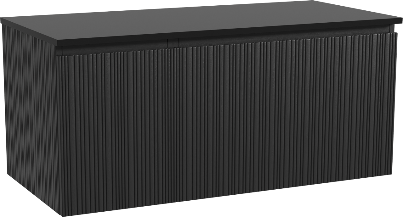 Storke Ribs zwevend badmeubel 110 x 52 cm zwart eiken met Panton enkel wastafelblad in gepoedercoate mdf mat zwart, Verticale asymmetrische rechte ribbel