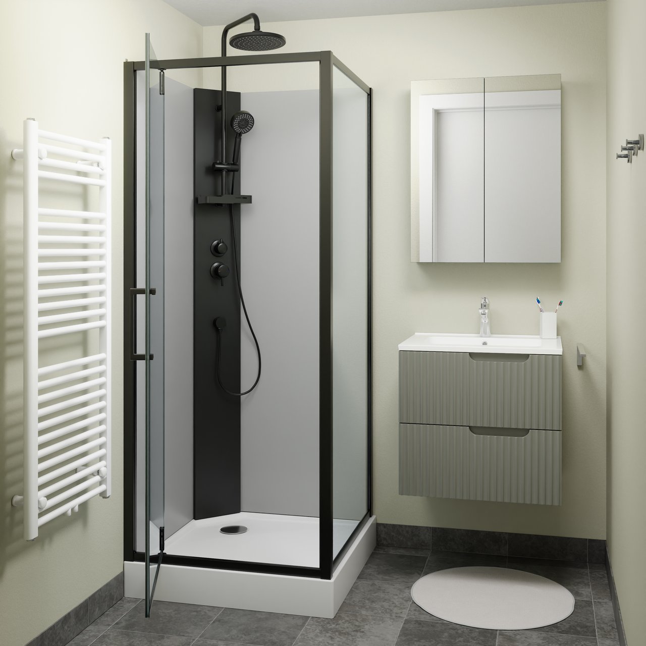 Linie Salta complete douchecabine met draaideuren 80 x 80 cm helder glas zwart profiel met kraan