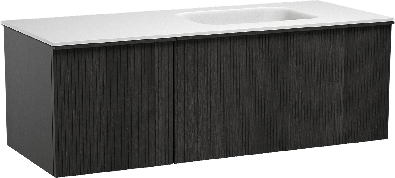 Balmani Forma zwevend badkamermeubel 135 x 55 cm zwarte eik met Tablo Arcato asymmetrisch rechtse wastafel in solid surface mat wit, Verticale symmetrische rechte ribbel