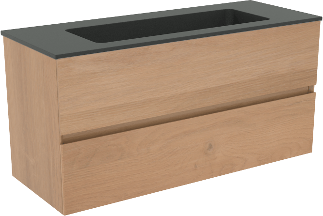 Storke Edge zwevend badkamermeubel 100 x 40 cm ruwe eik met Scuro enkele wastafel in kwarts mat zwart
