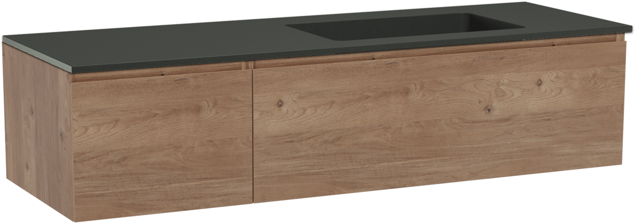 Storke Edge zwevend badkamermeubel 150 x 52 cm ruwe eik met Scuro asymmetrisch rechtse wastafel in kwarts mat zwart