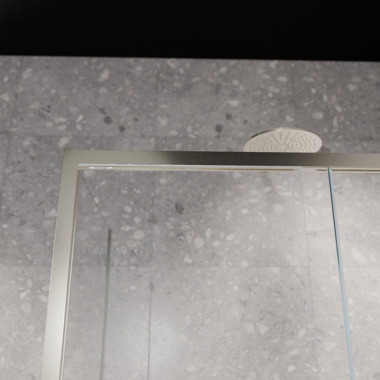 Balmani Senses Design Eckdusche: Schiebetür (Rechts) mit fixierte Seitenwand, 140 x 90 cm, Klarglas mit mattiertem Streifen, Profil Brushed CoolMetal