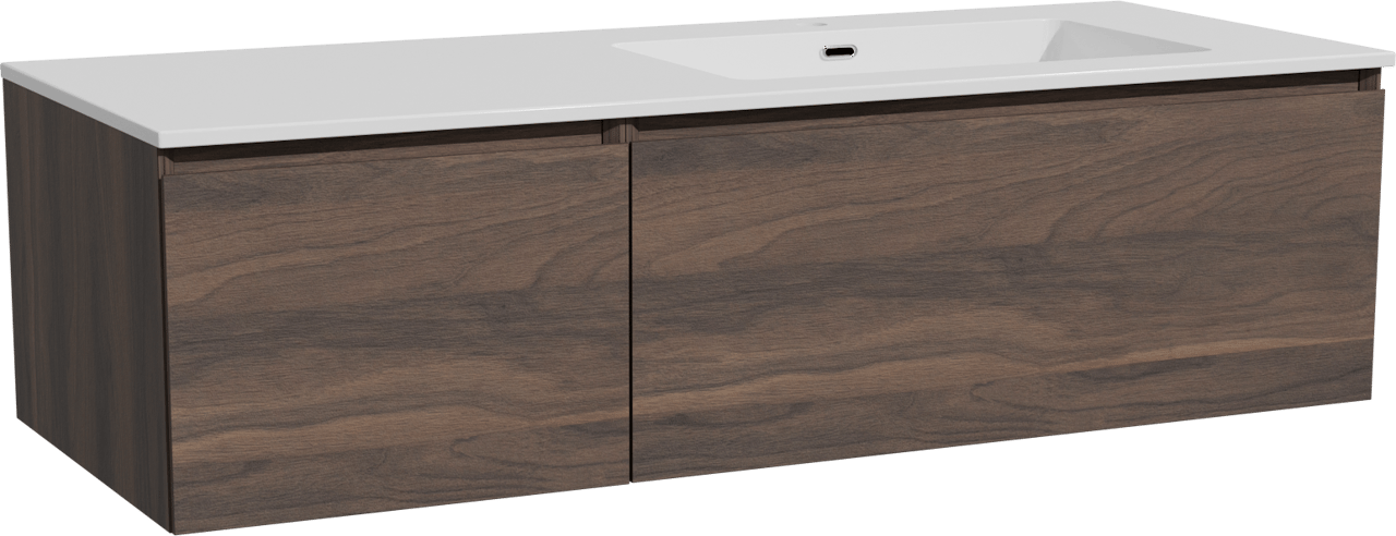 Storke Edge zwevend badmeubel 130 x 52 cm notenhout met Diva asymmetrisch rechtse wastafel in composietmarmer hoogglans wit