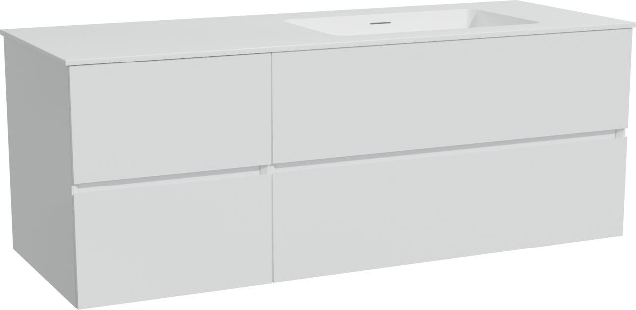 Storke Edge zwevend badkamermeubel 140 x 52 cm glanzend wit met Mata asymmetrisch rechtse wastafel in solid surface mat wit