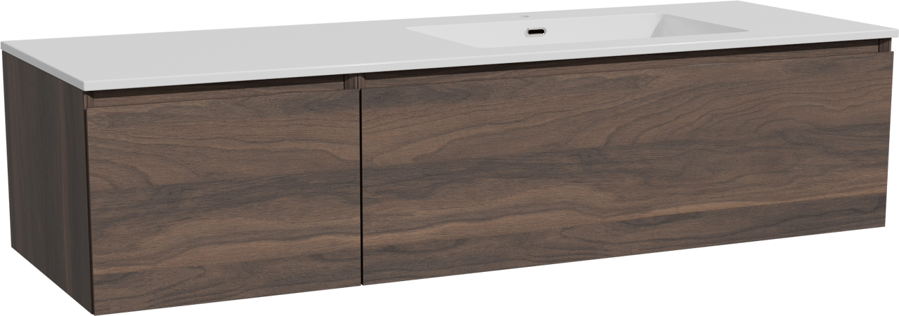 Storke Edge zwevend badmeubel 150 x 52 cm notenhout met Diva asymmetrisch rechtse wastafel in composietmarmer hoogglans wit