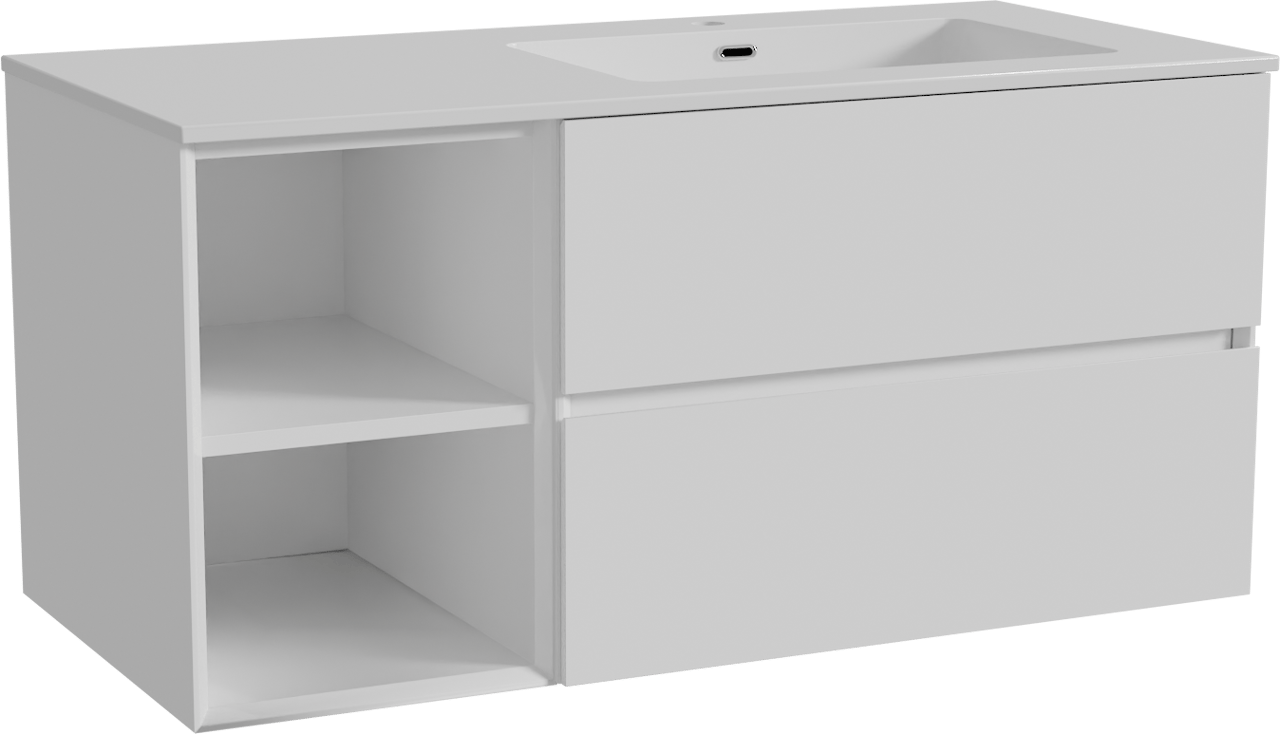 Storke Edge meuble salle de bains suspendu 110 x 52 cm blanc brillant avec Diva plan vasque asymétrique à droite en marbre composite blanc brillant
