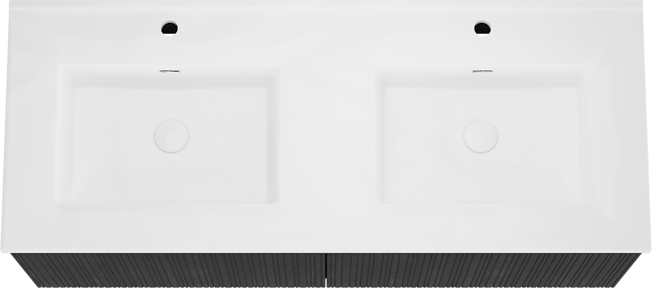 Storke Ribs meuble salle de bains suspendu 130 x 52 cm chêne noir avec Kera double vasque en porcelaine blanc brillant, Nervure droite asymétrique verticale, bondes incluses
