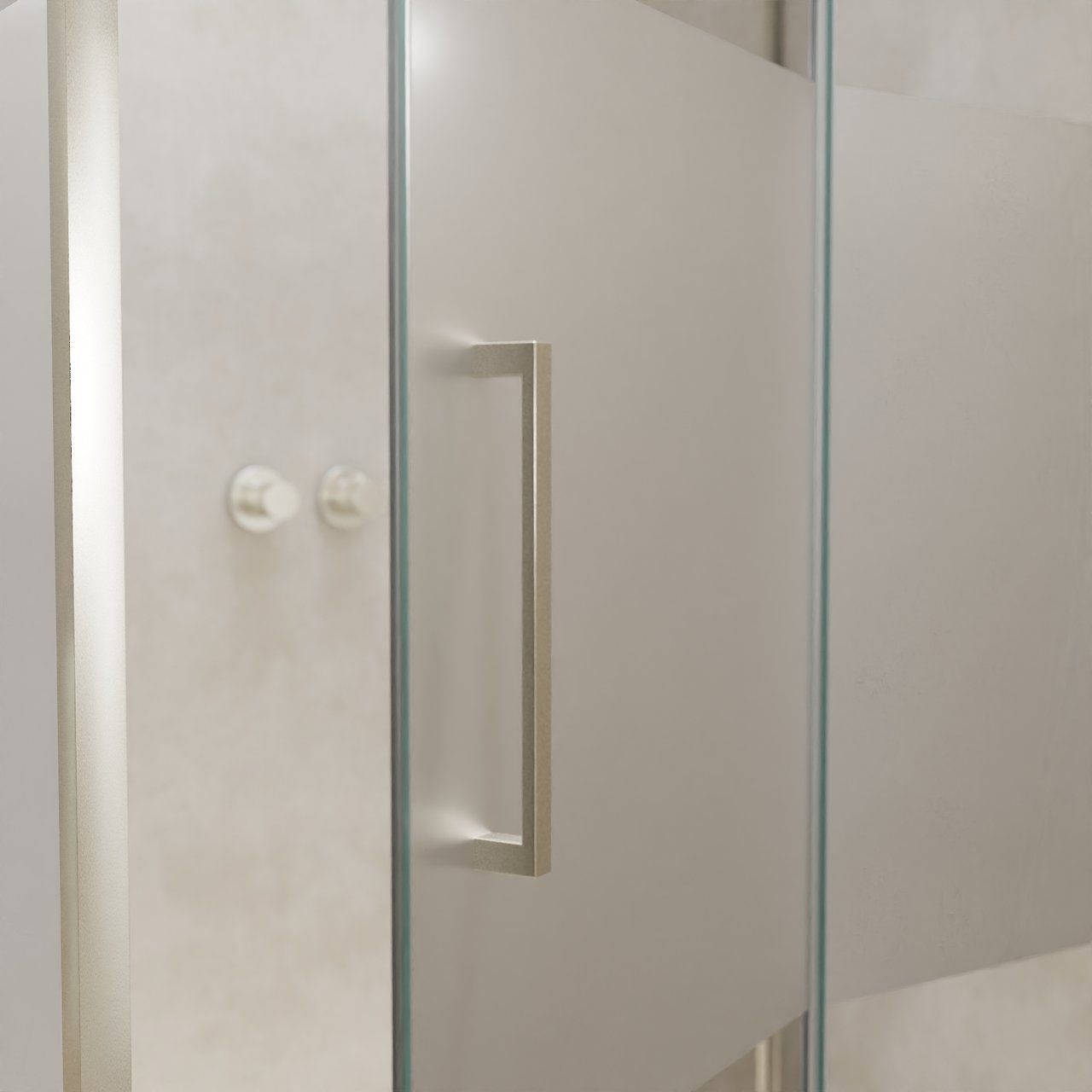 Balmani Senses Design douche en coin avec porte pivotante à droite et paroi latérale fixe, 120 x 90 cm, Verre transparent avec bande matte, Profil Brushed CoolMetal