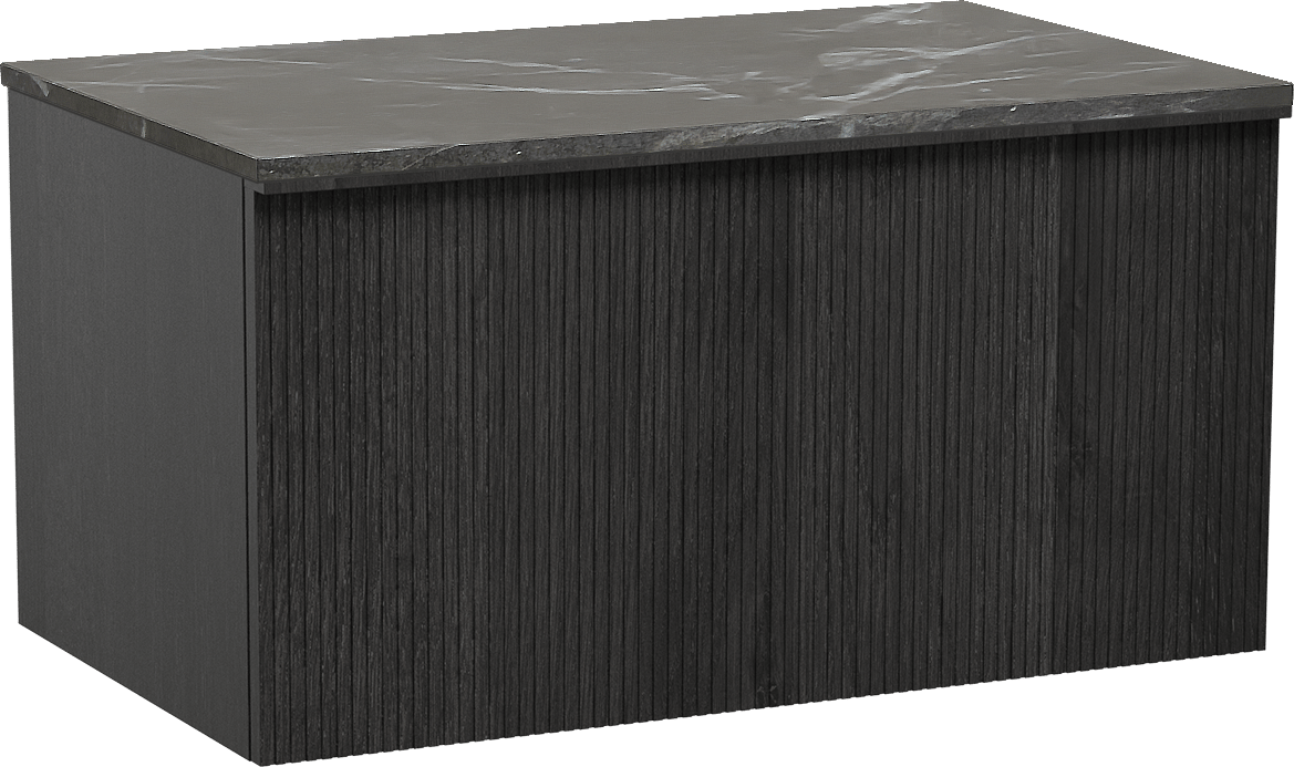 Balmani Forma zwevend badkamermeubel 90 x 55 cm zwarte eik met Stretto enkel tablet in marmer pietra grey, Verticale symmetrische rechte ribbel