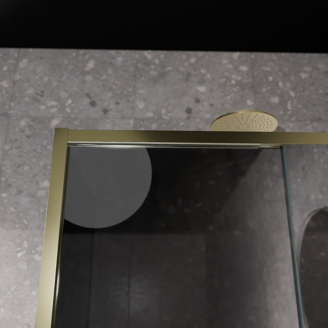 Balmani Senses Design douche en coin avec porte coulissante à droite et paroi latérale fixe, 140 x 80 cm, Miroir Reflex, Profil Brushed Champagne Gold