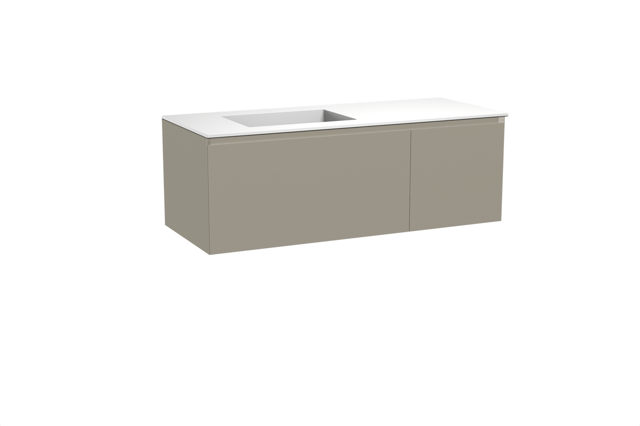 Balmani Idra by Mitra zwevend badmeubel 135 x 55 cm steengrijs met Tablo Stretto asymmetrisch linkse wastafel in solid surface mat wit