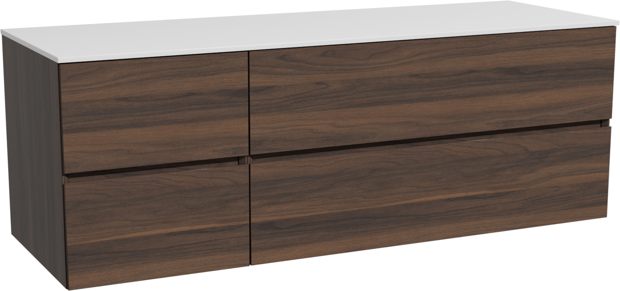 Storke Edge zwevend badmeubel 150 x 52 cm notenhout met Tavola enkel of dubbel wastafelblad in solid surface mat wit