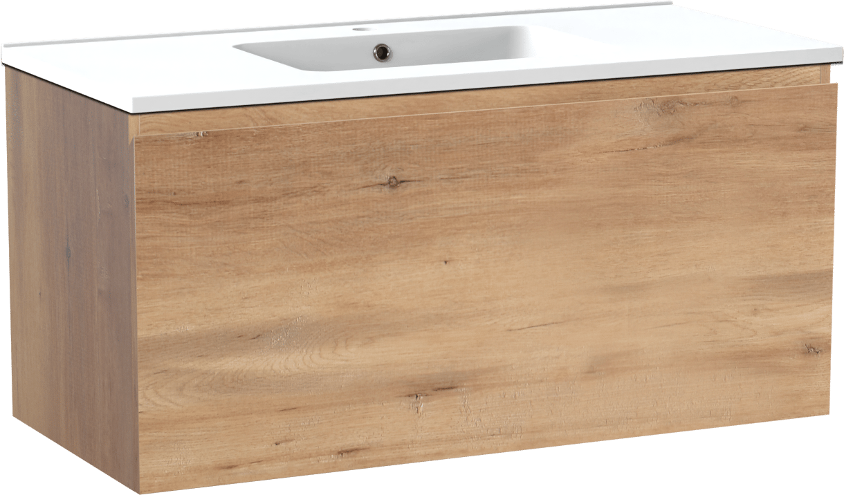Linie Lado zwevend badmeubel 100 x 46 cm naturel eiken met Vano enkele wastafel in composietmarmer mat wit