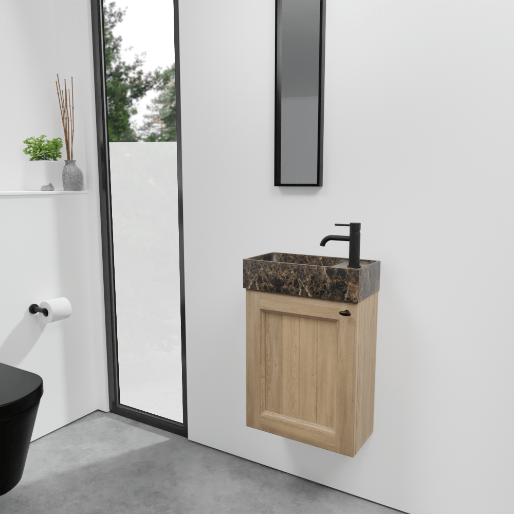 Balmani Lemon zwevend toiletmeubel 42 x 21 cm verweerde eik met Dama wastafel in Dark Emperador marmer